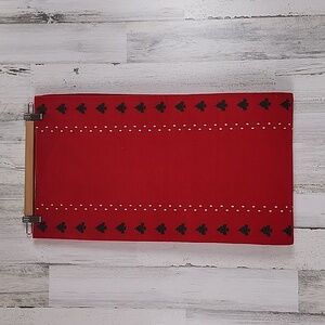 Crate & Barrel Snowy Woods red green reversible table runner 14" x 108" FLAWS
